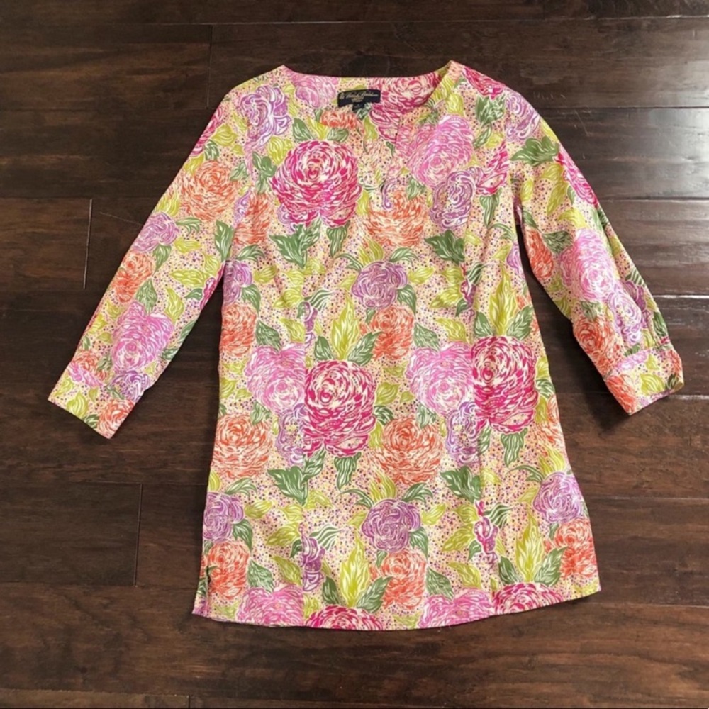 Brooks Brothers Liberty Arts Floral Print Blouse Tunic Shirt Top V neck cotton